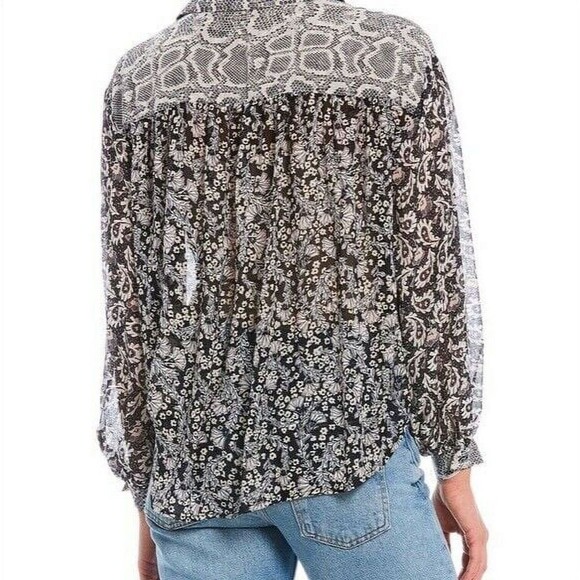 Free People Tops - Free People Button Up Blouse Sz M Dani Black Paisley Snakeskin Semi Sheer Shirt